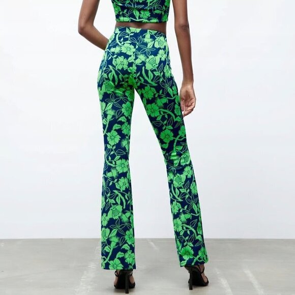 NWT Zara Jacquard Neon Floral Flare Pants - Picture 2 of 6